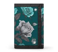 FekiLoot Money Clip Slim Wallets for Man, Teal Grey Rose Trifold Wallet with ID Window, Extra Capacity Coin Pocket with Zipper for Anniversary, Birthday, Valentine's Day Gift