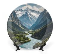 FekiLoot Mountains And RiversDecorative Plate Round Ceramic Plates with Display Stand Salad & Dessert Serving Plates Home Table Art Decoration for Kitchen Dining Room Wine Cabinet 8inch