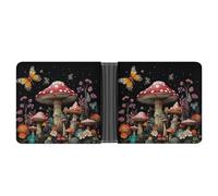 FekiLoot Mushrooms And Butterflies on Black Background Leather Wallet Double-Sided Different Images Bifold Wallet Ultra Strong Stitching Slim Wallets