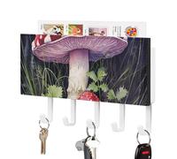 FekiLoot Mushrooms in The Grass Key Holder Wall Mount PU Leather Adhesive Key Rack with 5 Hooks Decorative Keys Storage Holder Mail Organizer Decor for Entryway Hallway Office Kitchen White