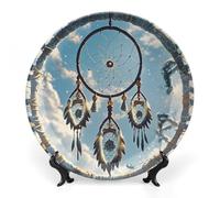 FekiLoot Native American Dream CatcherDecorative Plate Round Ceramic Plates with Display Stand Salad & Dessert Serving Plates Home Table Art Decoration for Kitchen Dining Room Wine Cabinet 6inch