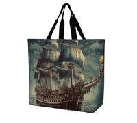 FekiLoot Nautical Vintage Sailing Pirate Ship Shopping Bag Foldable, Multipurpose Shoulder Bag, Reusable Grocery Bag Holder with Long Shoulder Strap, Waterproof Tote Bags for Work, Beach, Travel