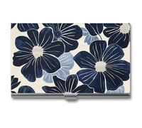 FekiLoot Navy Blue Flowers Metal Business Card Holder Ultra Slim Professional Aluminum Alloy Card Case with Magnetic Closure, Compact ID Credit Card Organizer Wallet for Men Women
