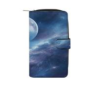 FekiLoot Nebula And Moon Wallet Large Capacity Travel Double Fold Wallets Portable Zipper Leather Purse for Women Men