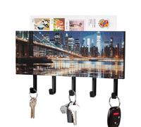 FekiLoot New York Night Key Holder for Wall Adhesive Key Hanger with 5 Hooks Wall Mounted PU Leather Key Storage Organizer Towel Hook for Entryway Hallway Living Room Office