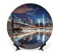 FekiLoot New York NightDecorative Plate Round Ceramic Plates with Display Stand Salad & Dessert Serving Plates Home Table Art Decoration for Kitchen Dining Room Wine Cabinet 8inch