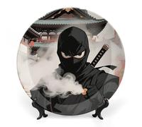 FekiLoot Ninja Smoke Stealth Decorative Plates Bone China Plates with Stand for Display 10inch Round Ceramic Dinner Plates Dessert Plate for Kitchen Party Coffee Table Decor Art