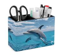 FekiLoot Ocean Dolphin Looking at You Pen Holder Double Compartments PU Leather Pencil Storage Box Square Desk Stationery Organizers Remote Control Accessories Container for Home Office