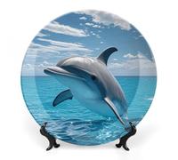 FekiLoot Ocean Dolphin Looking at YouDecorative Plate Round Ceramic Plates with Display Stand Salad & Dessert Serving Plates Home Table Art Decoration for Kitchen Dining Room Wine Cabinet 10inch