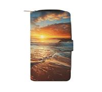 FekiLoot Ocean Sunrise Wallet Large Capacity Travel Double Fold Wallets Portable Zipper Leather Purse for Women Men