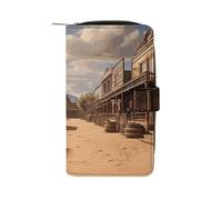 FekiLoot Old Wild West Cowboy Town Wallet Large Capacity Travel Double Fold Wallets Portable Zipper Leather Purse for Women Men