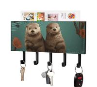 FekiLoot Otters in Love Key Holder Wall Mount PU Leather Adhesive Key Rack with 5 Hooks Decorative Keys Storage Holder Mail Organizer Decor for Entryway Hallway Office Kitchen Black