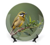 FekiLoot Outdoor Olive Green Flowering Birds Bone China Decorative Plate for Art Crafts, Chinese Style Decorative Dish with Stand, Hanging Ceramic Plates Ornaments 10inch for Home, Office, Wall Decor