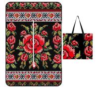FekiLoot Outdoor Picnic Blanket Waterproof Foldable Beach Blankets Ukrainian Embroidery Style Rose Extra Large Lightweight Picnic Mat for Beach, Spring Camping Grass Lawn Park Accessories 150x100cm