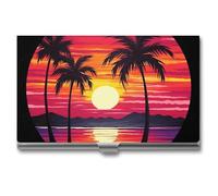FekiLoot Palm Tree Sunset Design Business Card Holder Aluminum Alloy Business Card Case Convenient to Carry Business Card Dispenser for Men Women