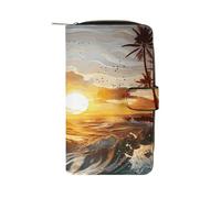 FekiLoot Palm Trees Ocean Waves Sunset Wallet Large Capacity Travel Double Fold Wallets Portable Zipper Leather Purse for Women Men