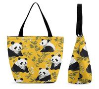 FekiLoot Panda on Yellow Background Tote Bag for Women Foldable Tote Bag with Zipper Work Totes Reusable Grocery Shopping Bags Large Capacity Casual Shoulder Handbags for Work Travel Gym