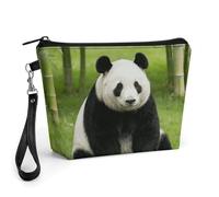 FekiLoot Panda Pattern Black Makeup Bags Portable Cosmetic Pouch With Drawstring, Leather Cosmetic Daily Beauty Holder, Travel Toiletry Storage Bag For Daily Use And Vacation