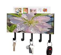 FekiLoot Peach Cherry Blossom Key Holder for Wall Rustic Key Hooks with Shelf and Mail Organizer Wall Mount PU Leather Keys Rack with 5 Hooks for Home Decor Hallway Entryway
