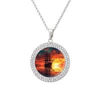 FekiLoot Pendant A Sailing Boat on The Water Necklace for Men Women Personalized Picture Diamond Circle Necklace Pendant Jewelry with Picture with 19.7 Inch Chain Gift for Valentine's Day, One Size