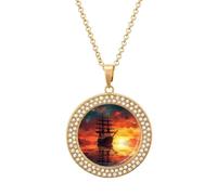 FekiLoot Pendant A Sailing Boat on The Water Necklace for Men Women Personalized Picture Diamond Circle Necklace Pendant Jewelry with Picture with 19.7 Inch Chain Gift for Valentine's Day, One Size