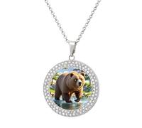 FekiLoot Pendant Bear Crossing The River Necklace for Men Women Personalized Picture Diamond Circle Necklace Pendant Jewelry with Picture with 19.7 Inch Chain Gift for Valentine's Day, One Size