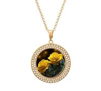 FekiLoot Pendant Beautiful Yellow Roses Necklace for Men Women Personalized Picture Diamond Circle Necklace Pendant Jewelry with Picture with 19.7 Inch Chain Gift for Valentine's Day, One Size
