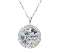 FekiLoot Pendant Blue Flower Pattern Necklace for Men Women Personalized Picture Diamond Circle Necklace Pendant Jewelry with Picture with 19.7 Inch Chain Gift for Valentine's Day, One Size, Titanium