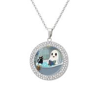 FekiLoot Pendant Cute Ghost And Black Cat Necklace for Men Women Personalized Picture Diamond Circle Necklace Pendant Jewelry with Picture with 19.7 Inch Chain Gift for Valentine's Day, One Size