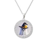 FekiLoot Pendant Ghost Witch Hat Necklace for Men Women Personalized Picture Diamond Circle Necklace Pendant Jewelry with Picture with 19.7 Inch Chain Gift for Valentine's Day, One Size, Titanium