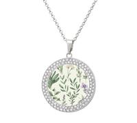 FekiLoot Pendant Green Flower Herb Sage Leaves Necklace for Men Women Personalized Picture Diamond Circle Necklace Pendant Jewelry with Picture with 19.7 Inch Chain Gift for Valentine's Day, One Size