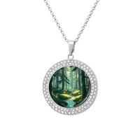 FekiLoot Pendant Green Wilderness Necklace for Men Women Personalized Picture Diamond Circle Necklace Pendant Jewelry with Picture with 19.7 Inch Chain Gift for Valentine's Day, One Size, Titanium