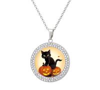 FekiLoot Pendant Halloween Black Cats Pumpkin Necklace for Men Women Personalized Picture Diamond Circle Necklace Pendant Jewelry with Picture with 19.7 Inch Chain Gift for Valentine's Day, One Size
