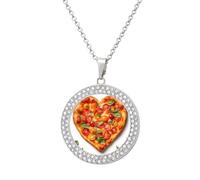 FekiLoot Pendant Heart Shaped Pizza Necklace for Men Women Personalized Picture Diamond Circle Necklace Pendant Jewelry with Picture with 19.7 Inch Chain Gift for Valentine's Day, One Size, Titanium