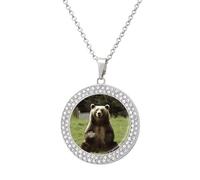 FekiLoot Pendant Hi Bear Sit on The Lawn Necklace for Men Women Personalized Picture Diamond Circle Necklace Pendant Jewelry with Picture with 19.7 Inch Chain Gift for Valentine's Day, One Size