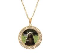 FekiLoot Pendant Hi Bear Sit on The Lawn Necklace for Men Women Personalized Picture Diamond Circle Necklace Pendant Jewelry with Picture with 19.7 Inch Chain Gift for Valentine's Day, One Size