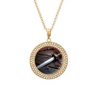 FekiLoot Pendant Japan Samurai Sword Necklace for Men Women Personalized Picture Diamond Circle Necklace Pendant Jewelry with Picture with 19.7 Inch Chain Gift for Valentine's Day, One Size, Titanium