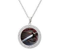FekiLoot Pendant Japan Samurai Sword Necklace for Men Women Personalized Picture Diamond Circle Necklace Pendant Jewelry with Picture with 19.7 Inch Chain Gift for Valentine's Day, One Size, Titanium