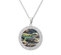FekiLoot Pendant Leopard Little Gecko Necklace for Men Women Personalized Picture Diamond Circle Necklace Pendant Jewelry with Picture with 19.7 Inch Chain Gift for Valentine's Day, One Size, Titanium
