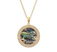 FekiLoot Pendant Leopard Little Gecko Necklace for Men Women Personalized Picture Diamond Circle Necklace Pendant Jewelry with Picture with 19.7 Inch Chain Gift for Valentine's Day, One Size, Titanium