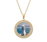 FekiLoot Pendant Lighthouse Sandbeach Necklace for Men Women Personalized Picture Diamond Circle Necklace Pendant Jewelry with Picture with 19.7 Inch Chain Gift for Valentine's Day, One Size, Titanium