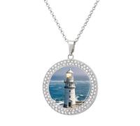 FekiLoot Pendant Lighthouse Sandbeach Necklace for Men Women Personalized Picture Diamond Circle Necklace Pendant Jewelry with Picture with 19.7 Inch Chain Gift for Valentine's Day, One Size, Titanium