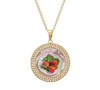 FekiLoot Pendant Lovely Strawberry Necklace for Men Women Personalized Picture Diamond Circle Necklace Pendant Jewelry with Picture with 19.7 Inch Chain Gift for Valentine's Day, One Size, Titanium
