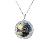 FekiLoot Pendant Nautical Sailboat Necklace for Men Women Personalized Picture Diamond Circle Necklace Pendant Jewelry with Picture with 19.7 Inch Chain Gift for Valentine's Day, One Size, Titanium