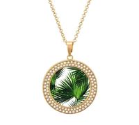 FekiLoot Pendant Palm Tree Green Leaves Necklace for Men Women Personalized Picture Diamond Circle Necklace Pendant Jewelry with Picture with 19.7 Inch Chain Gift for Valentine's Day, One Size