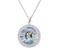 FekiLoot Pendant Penguins On The Iceberg Necklace for Men Women Personalized Picture Diamond Circle Necklace Pendant Jewelry with Picture with 19.7 Inch Chain Gift for Valentine's Day, One Size