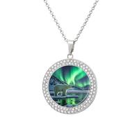 FekiLoot Pendant Polar Bears Northern Lights Necklace for Men Women Personalized Picture Diamond Circle Necklace Pendant Jewelry with Picture with 19.7 Inch Chain Gift for Valentine's Day, One Size