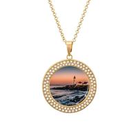 FekiLoot Pendant Portland River Lighthouse Sunrise Necklace for Men Women Personalized Picture Diamond Circle Necklace Pendant Jewelry with Picture with 19.7 Inch Chain Gift for Valentine's Day, One