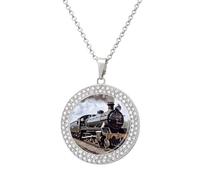 FekiLoot Pendant Steam Locomotive Train Necklace for Men Women Personalized Picture Diamond Circle Necklace Pendant Jewelry with Picture with 19.7 Inch Chain Gift for Valentine's Day, One Size
