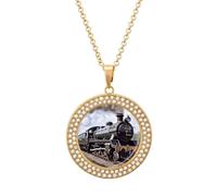 FekiLoot Pendant Steam Locomotive Train Necklace for Men Women Personalized Picture Diamond Circle Necklace Pendant Jewelry with Picture with 19.7 Inch Chain Gift for Valentine's Day, One Size